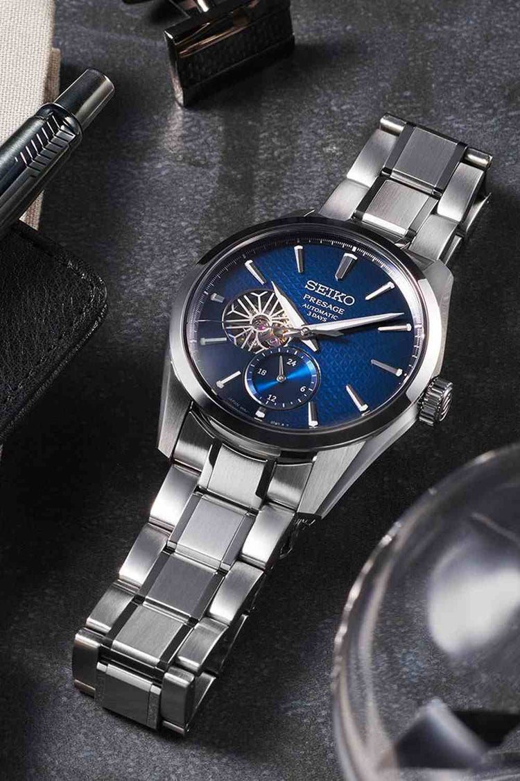 Seiko Presage Sharp Edge Open Heart Blue Dial SPB417J1 by 1881 men watches